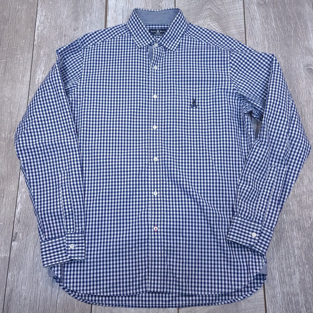 Psycho Bunny Button Front Shirt Mens Size M Blue Gingham Check Long Sleeve Logo